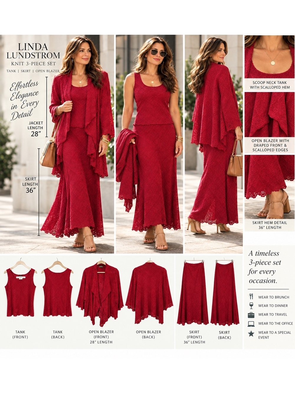 Linda Lundstrom Red Textured Knit 3-Piece Tank Skirt & Jacket Set Sz 14